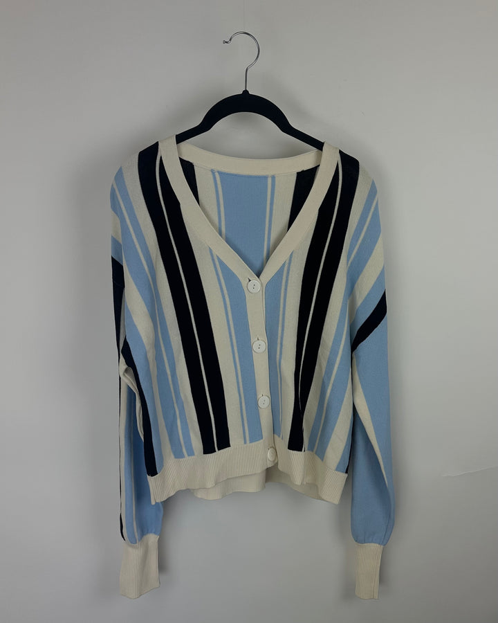 Blue & Black Striped Cardigan - Small