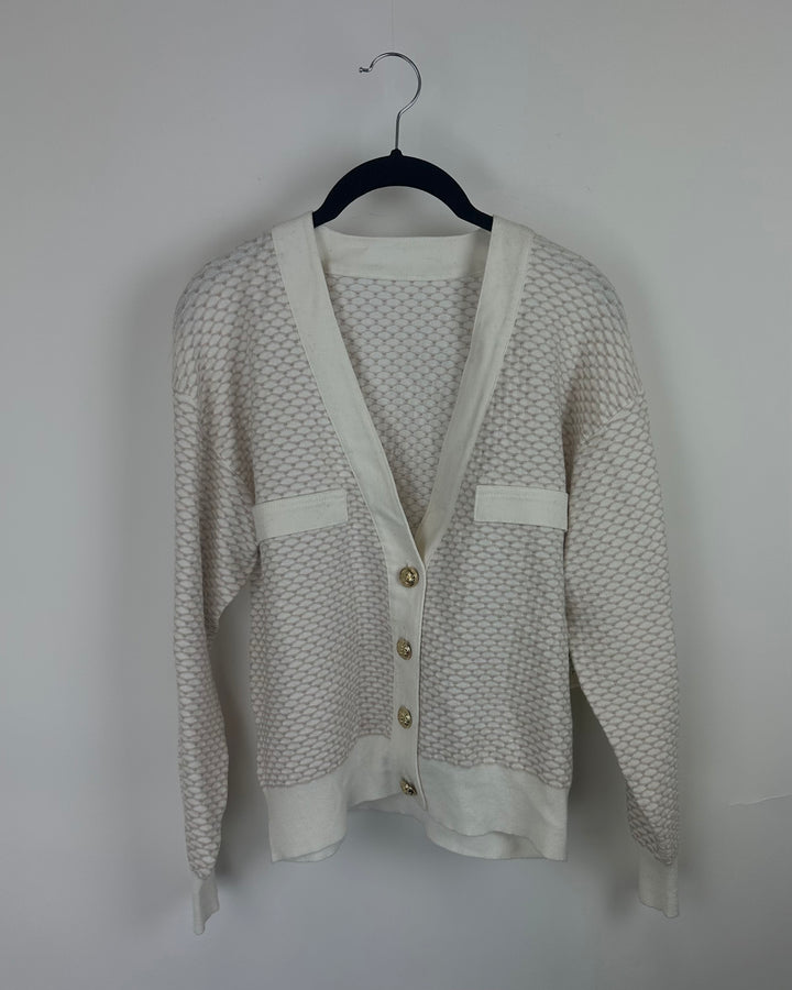 White & Beige Gold Button Cardigan - Small