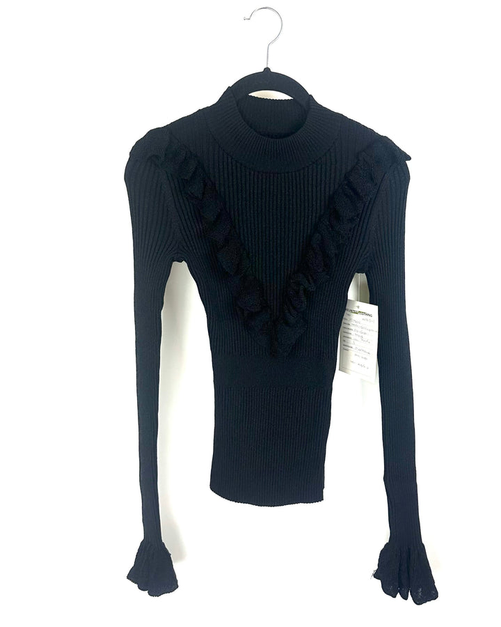 Black Shimmer Ruffle Sweater - Small