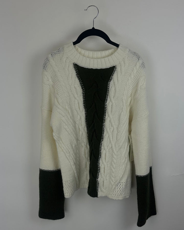 Army Green & White Knit Cable Sweater - Small