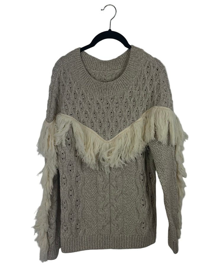 Beige Cable Fringe Sweater - Small