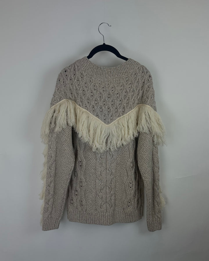 Beige Cable Fringe Sweater - Small
