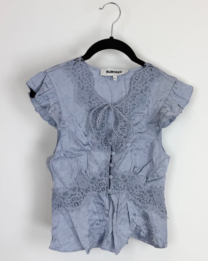 Periwinkle Satin Button Down Top with Lace Trim - Size 0/2