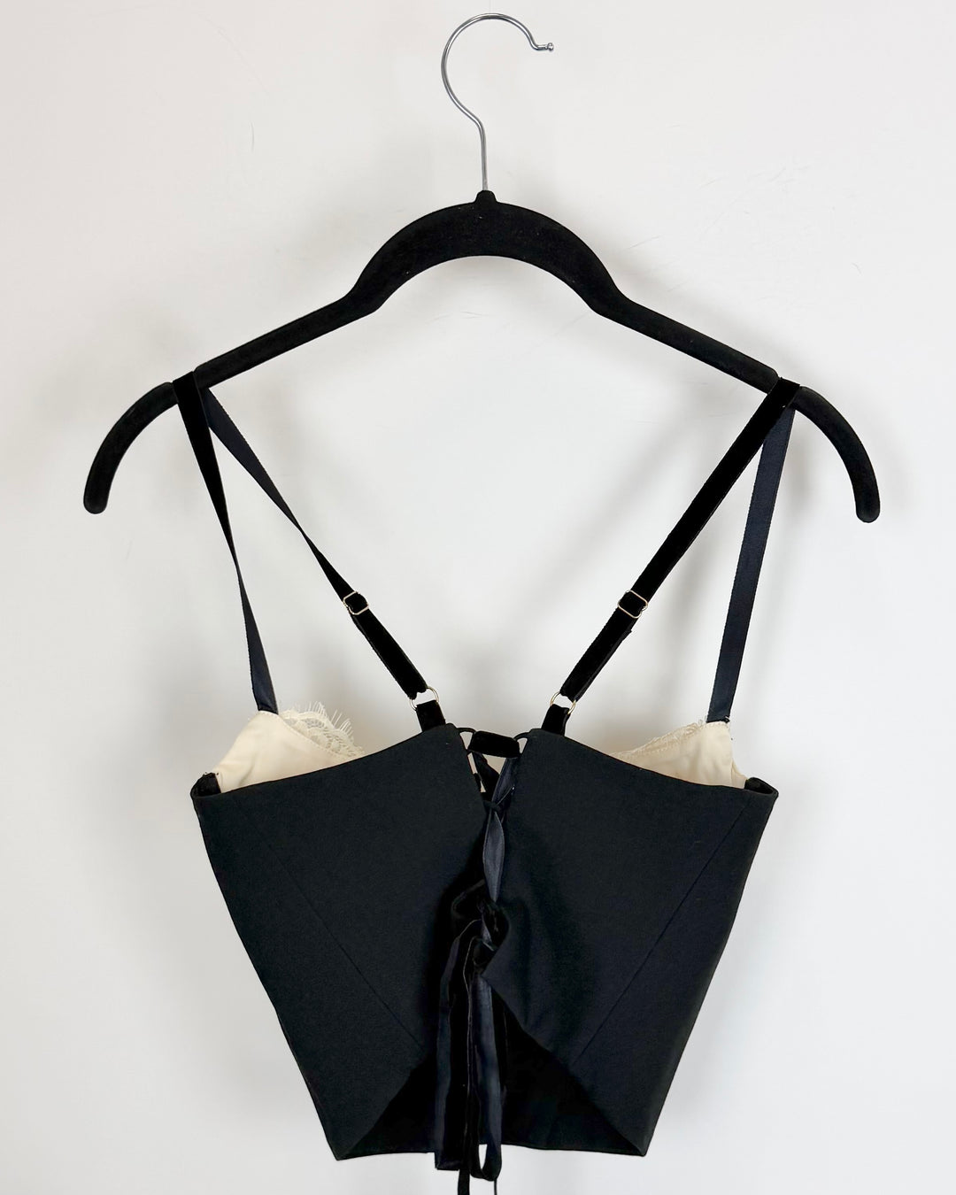 Black Corset Top with Lace Trim and Velvet Bow - Size 2/4