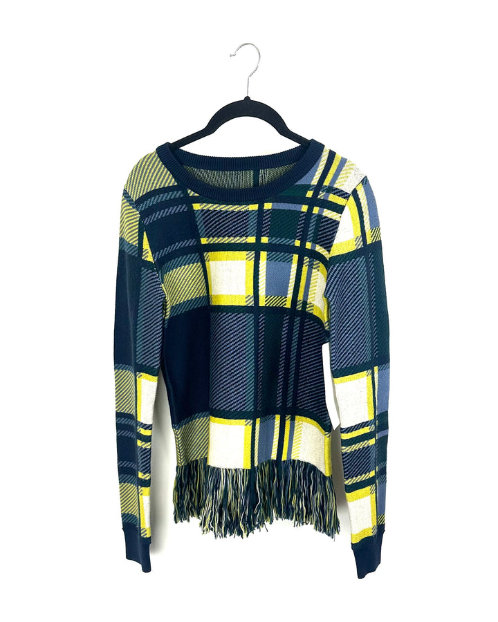 Yellow & Blue Abstract Fringe Sweater - Small