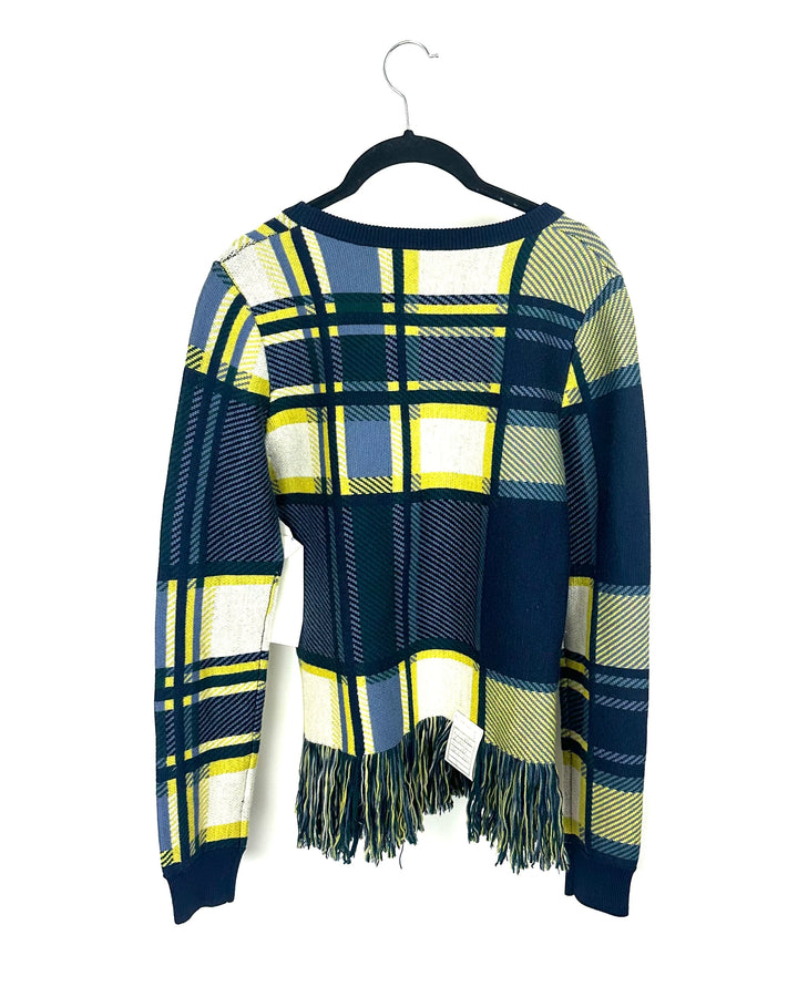 Yellow & Blue Abstract Fringe Sweater - Small