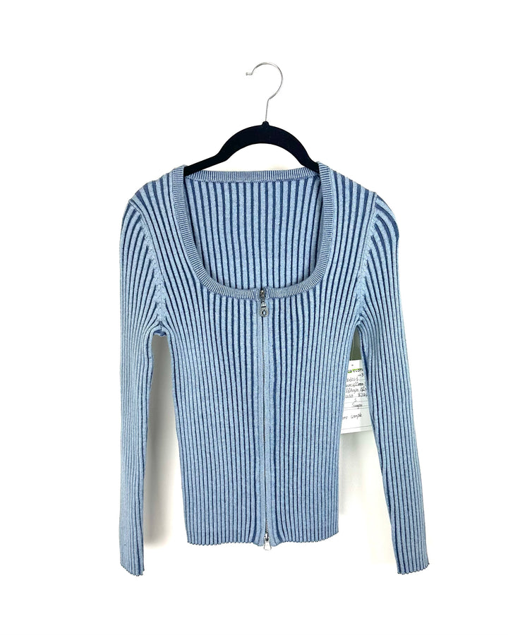 Sky Blue Zipper Ribbed Sweater - Small