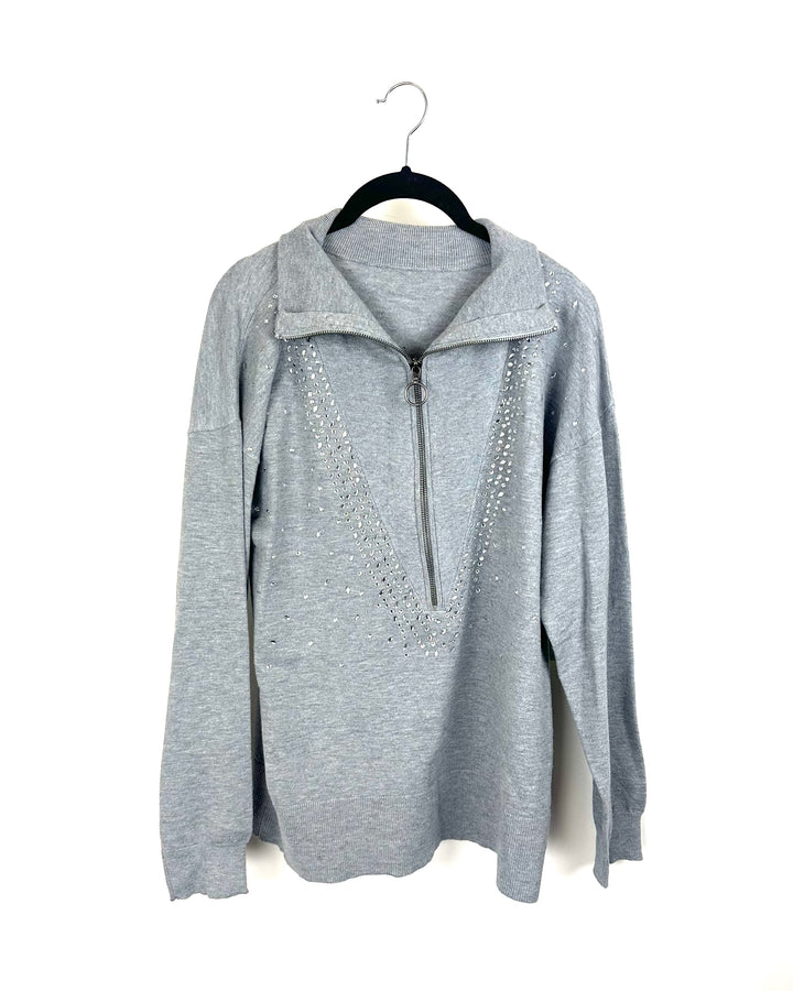 Gray Rhinestone Half Zip Sweater - Medium