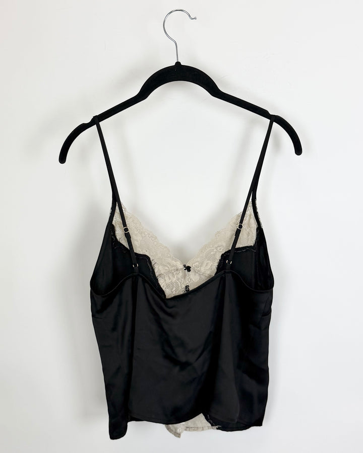 Black Satin Button Down Cami with Lace Trim - Size 0/2