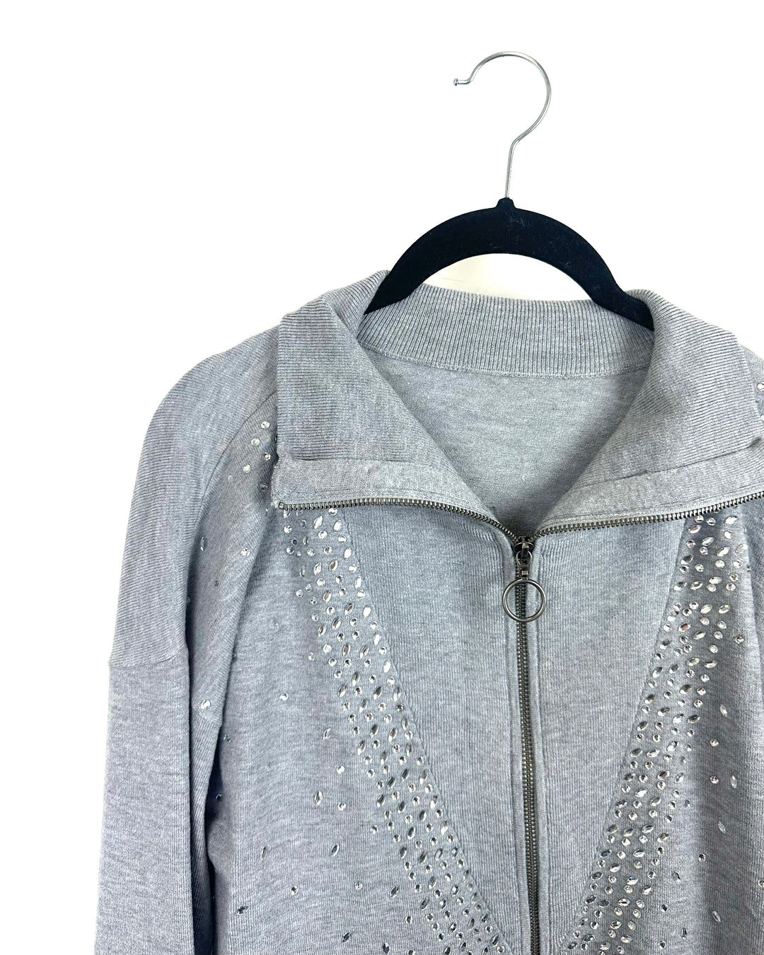Gray Rhinestone Half Zip Sweater - Medium