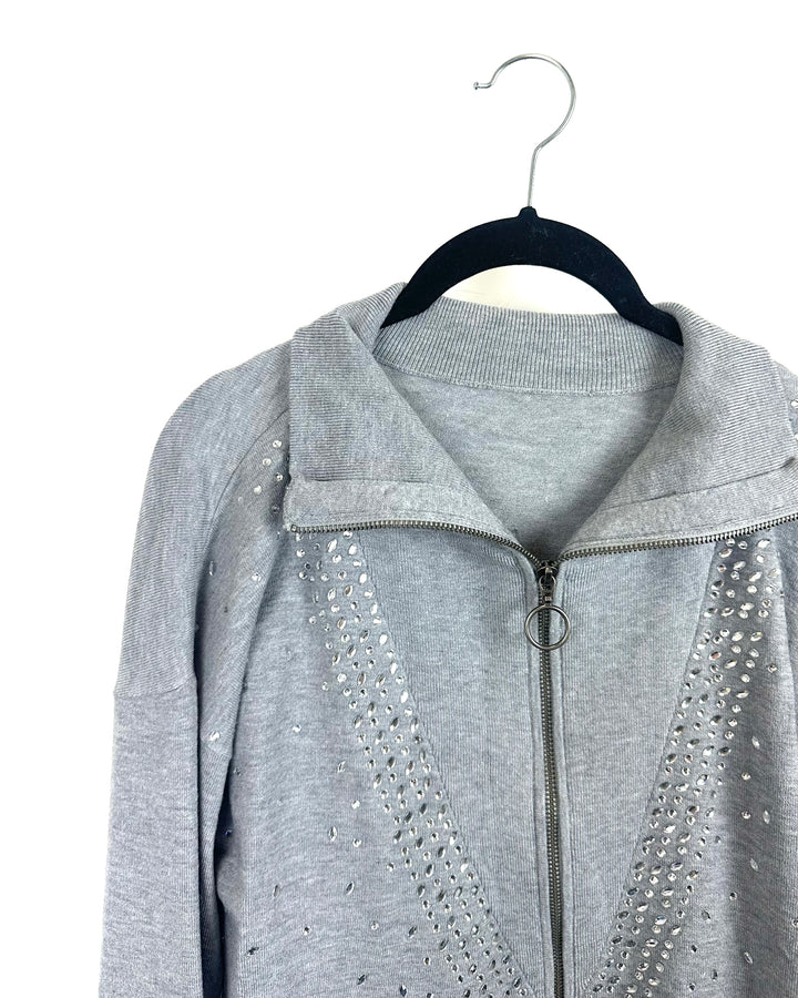 Gray Rhinestone Half Zip Sweater - Medium