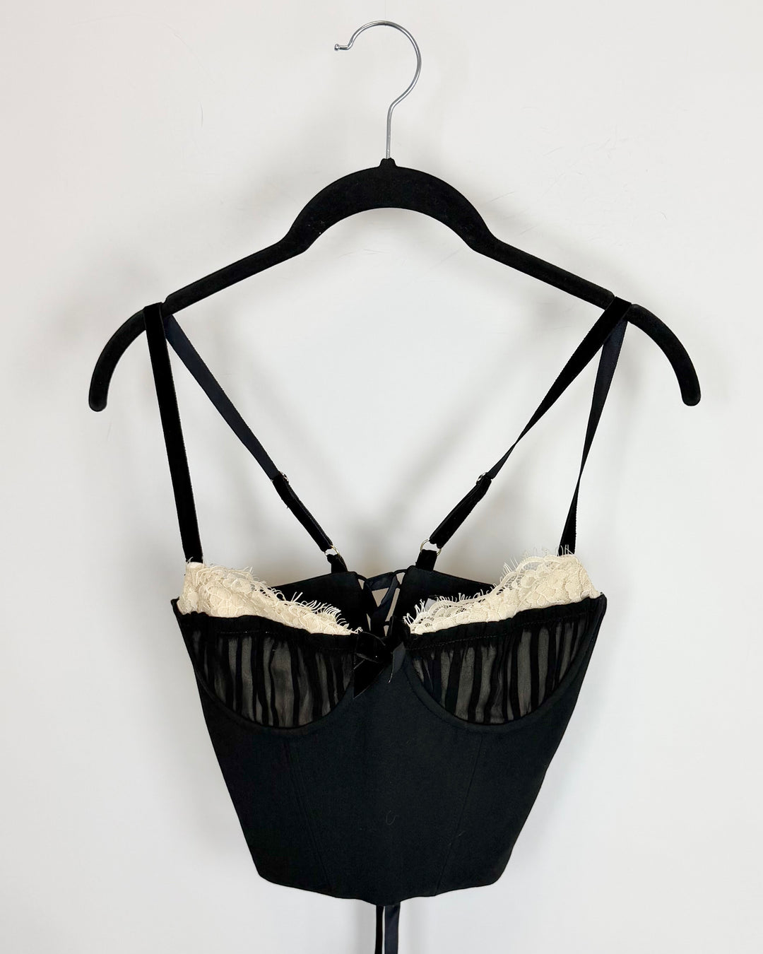 Black Corset Top with Lace Trim and Velvet Bow - Size 2/4
