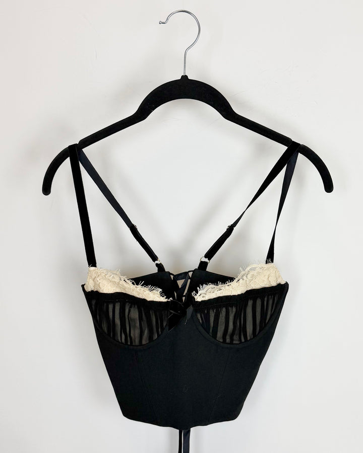 Black Corset Top with Lace Trim and Velvet Bow - Size 2/4