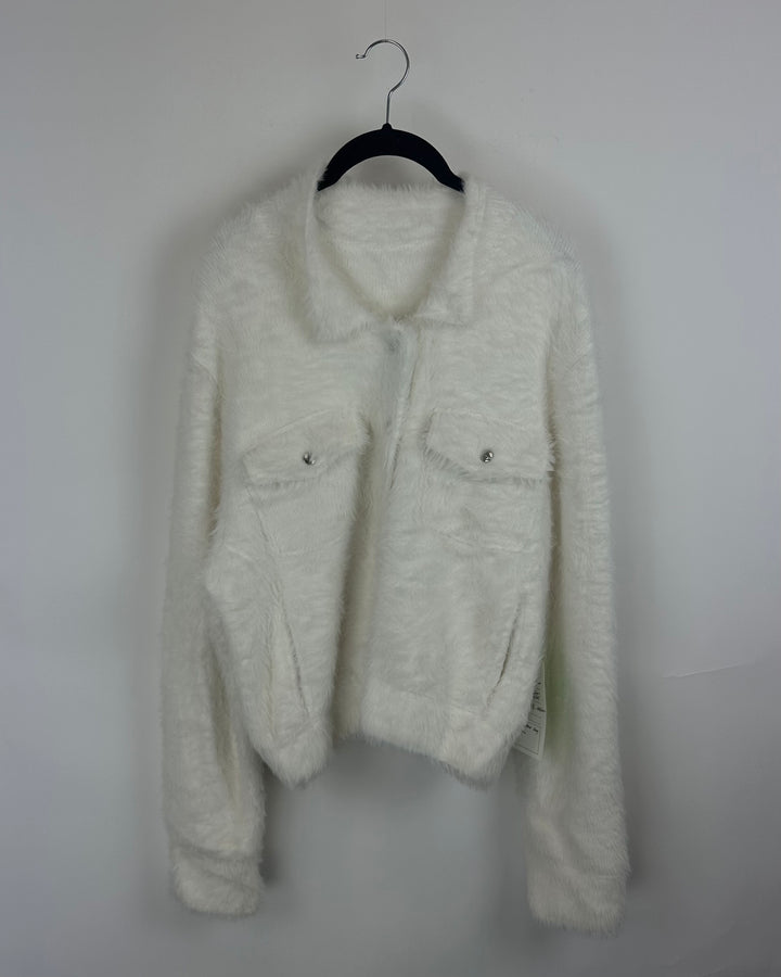 White Fuzzy Sweater Jacket - Medium