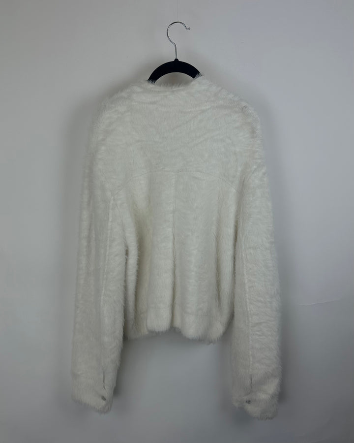 White Fuzzy Sweater Jacket - Medium