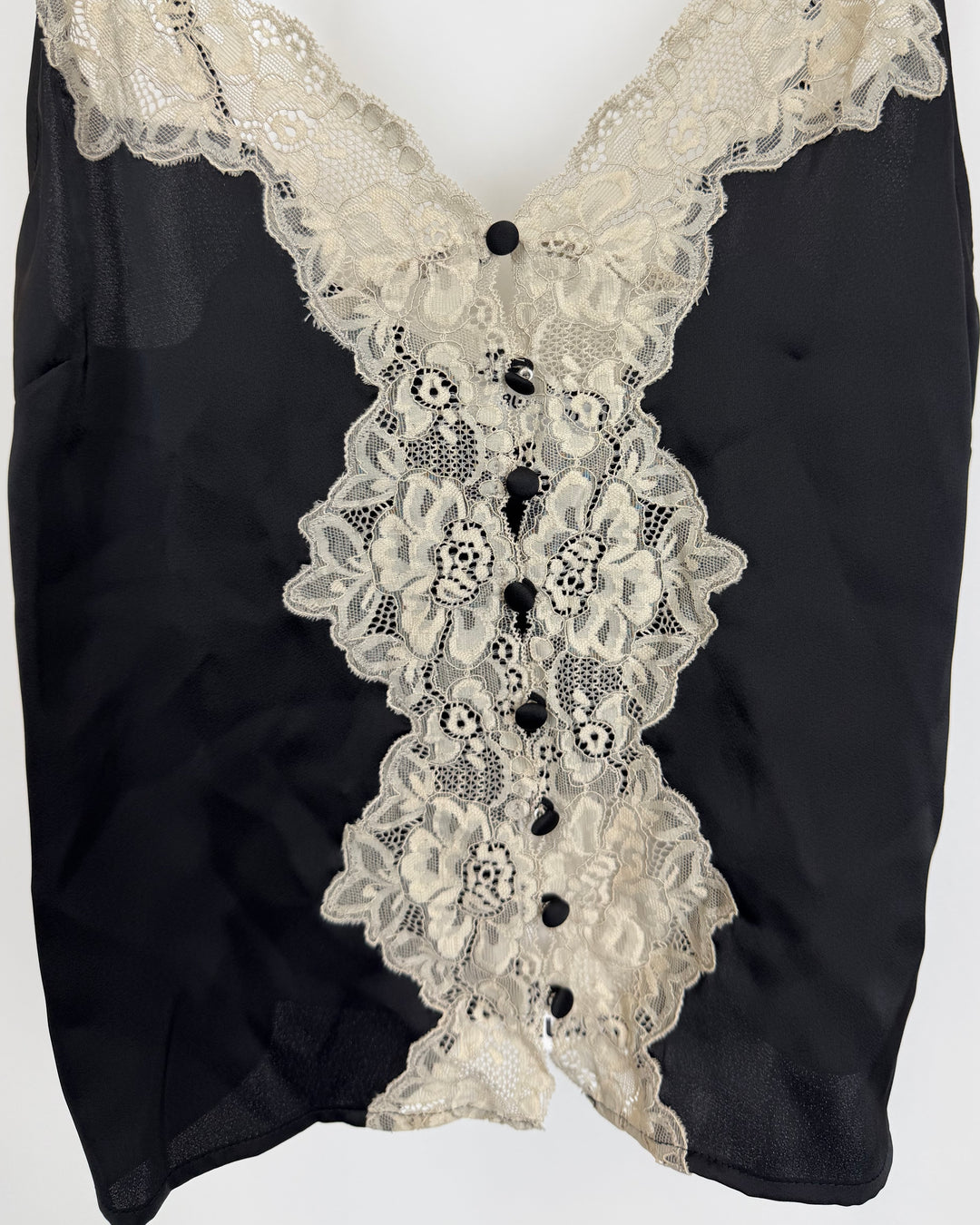 Black Satin Button Down Cami with Lace Trim - Size 0/2