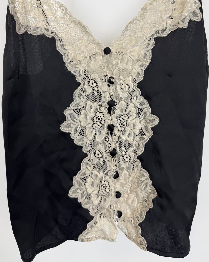 Black Satin Button Down Cami with Lace Trim - Size 0/2