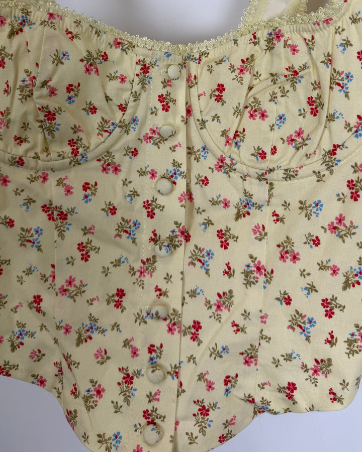 Yellow Floral Patterned Button Down Corset Top - Size 0/2 and 2/4