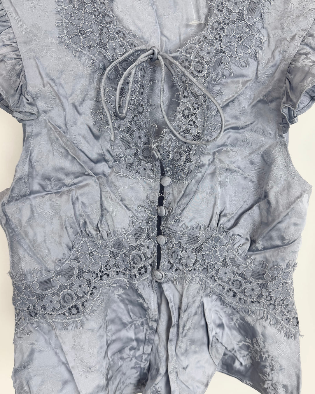 Periwinkle Satin Button Down Top with Lace Trim - Size 0/2