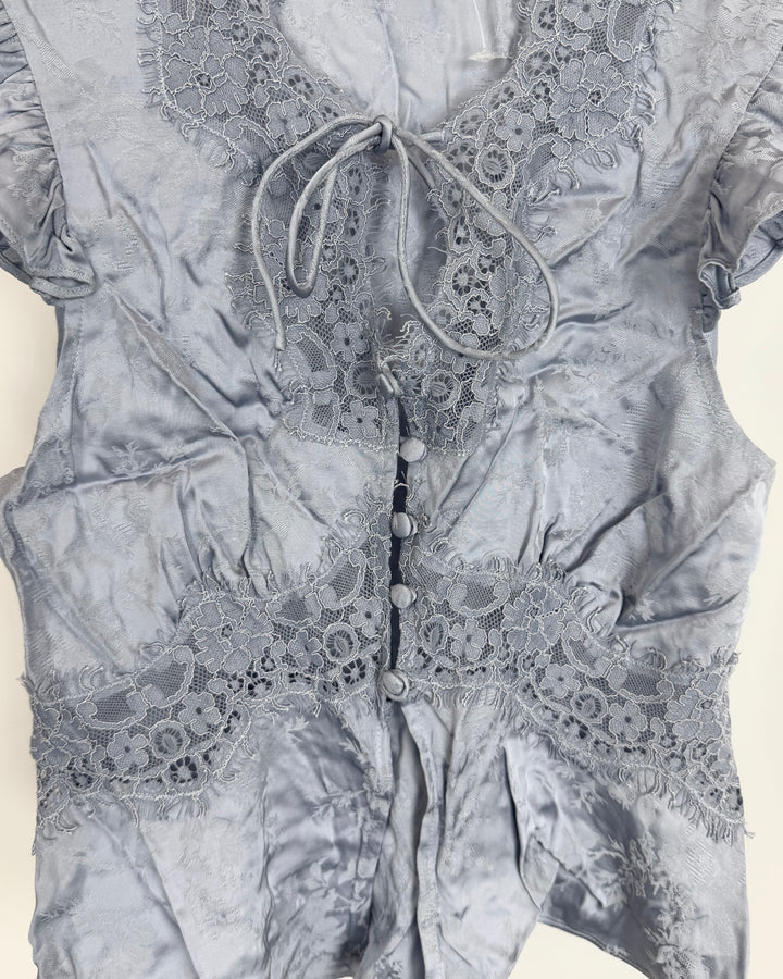 Periwinkle Satin Button Down Top with Lace Trim - Size 0/2