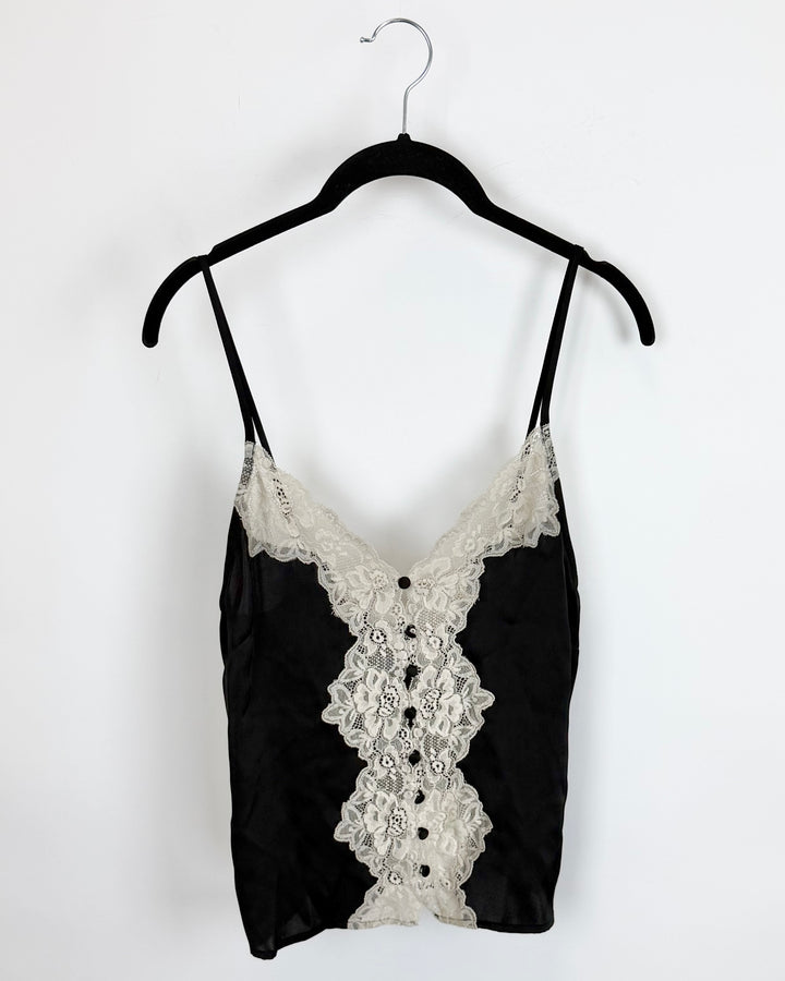 Black Satin Button Down Cami with Lace Trim - Size 0/2