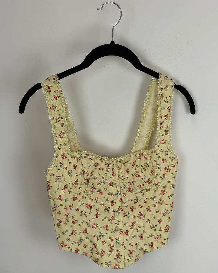 Yellow Floral Patterned Button Down Corset Top - Size 0/2 and 2/4