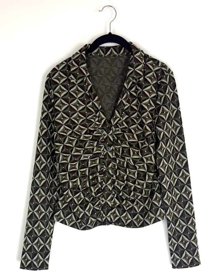 Green and Brown Printed Top - Size 4/6