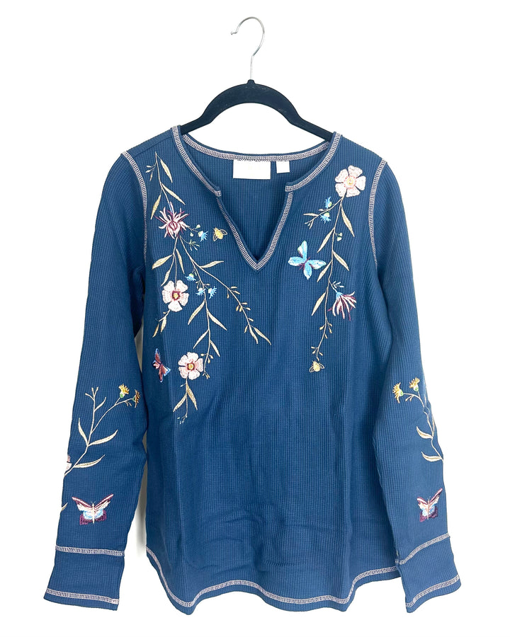 Smoke Blue Embroidered Floral Top  - Size 6/8