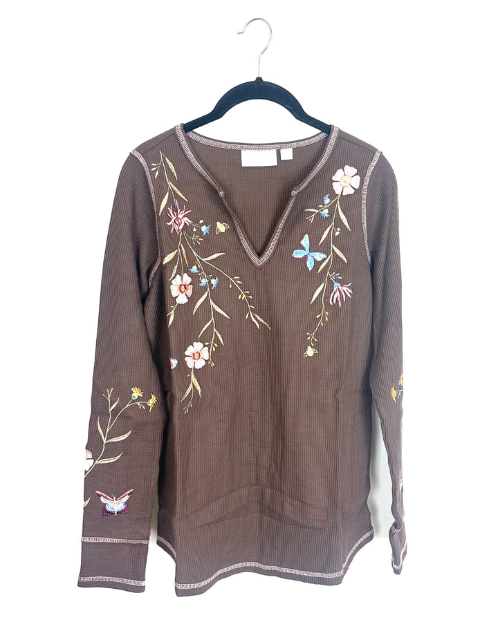 Cocoa Brown Embroidered Floral Top  - Size 6/8