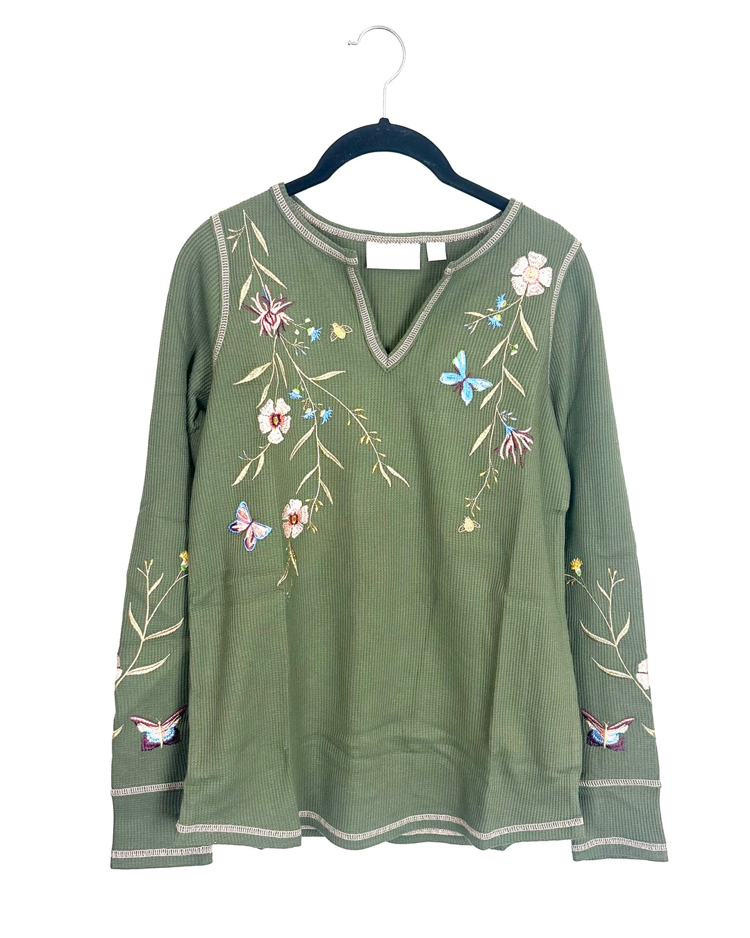 Olive Green Embroidered Floral Top  - Size 6/8