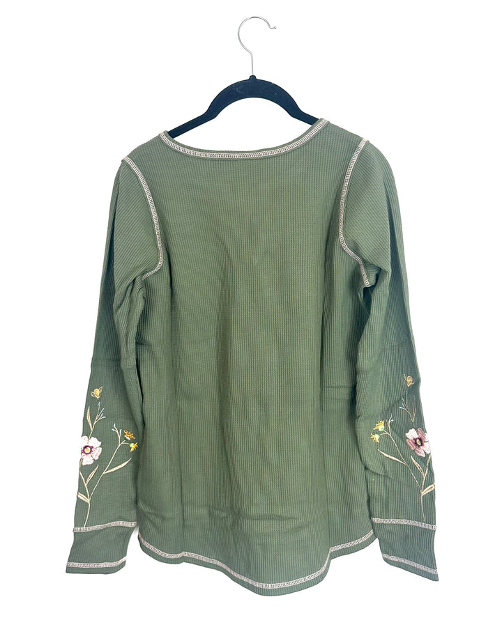 Olive Green Embroidered Floral Top  - Size 6/8
