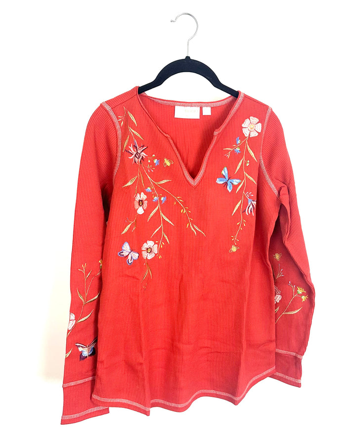 Muted Orange Embroidered Floral Top  - Size 6/8