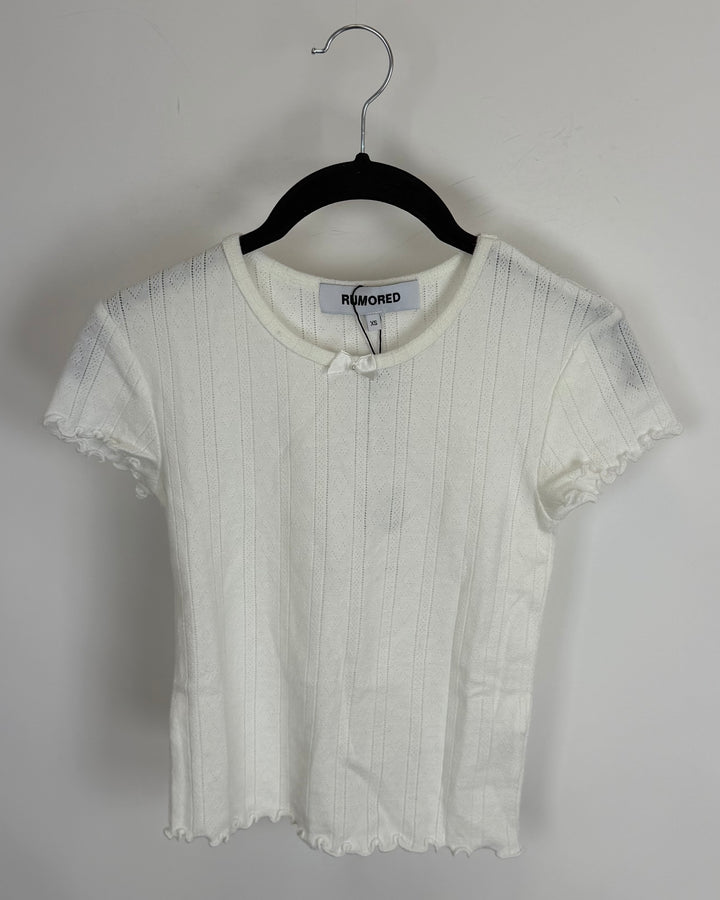 White Ruffled Top with Bow Detail - Size 0/2