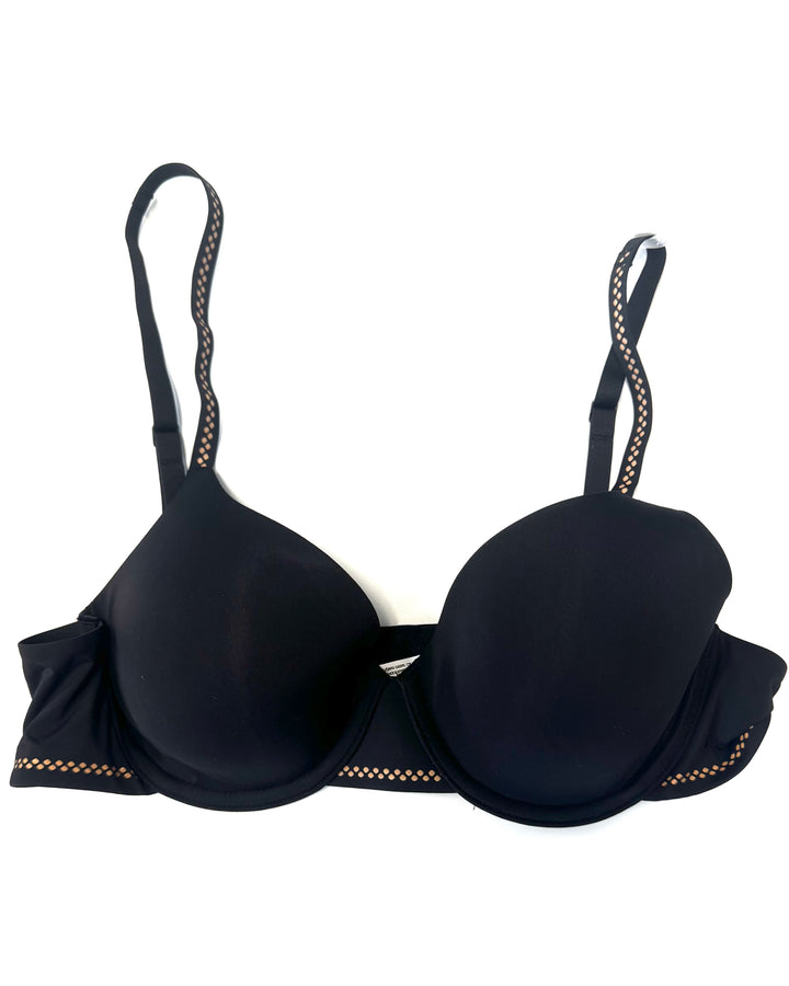 Jet Black Bra with Tan Geometric Pattern Trim- 34B
