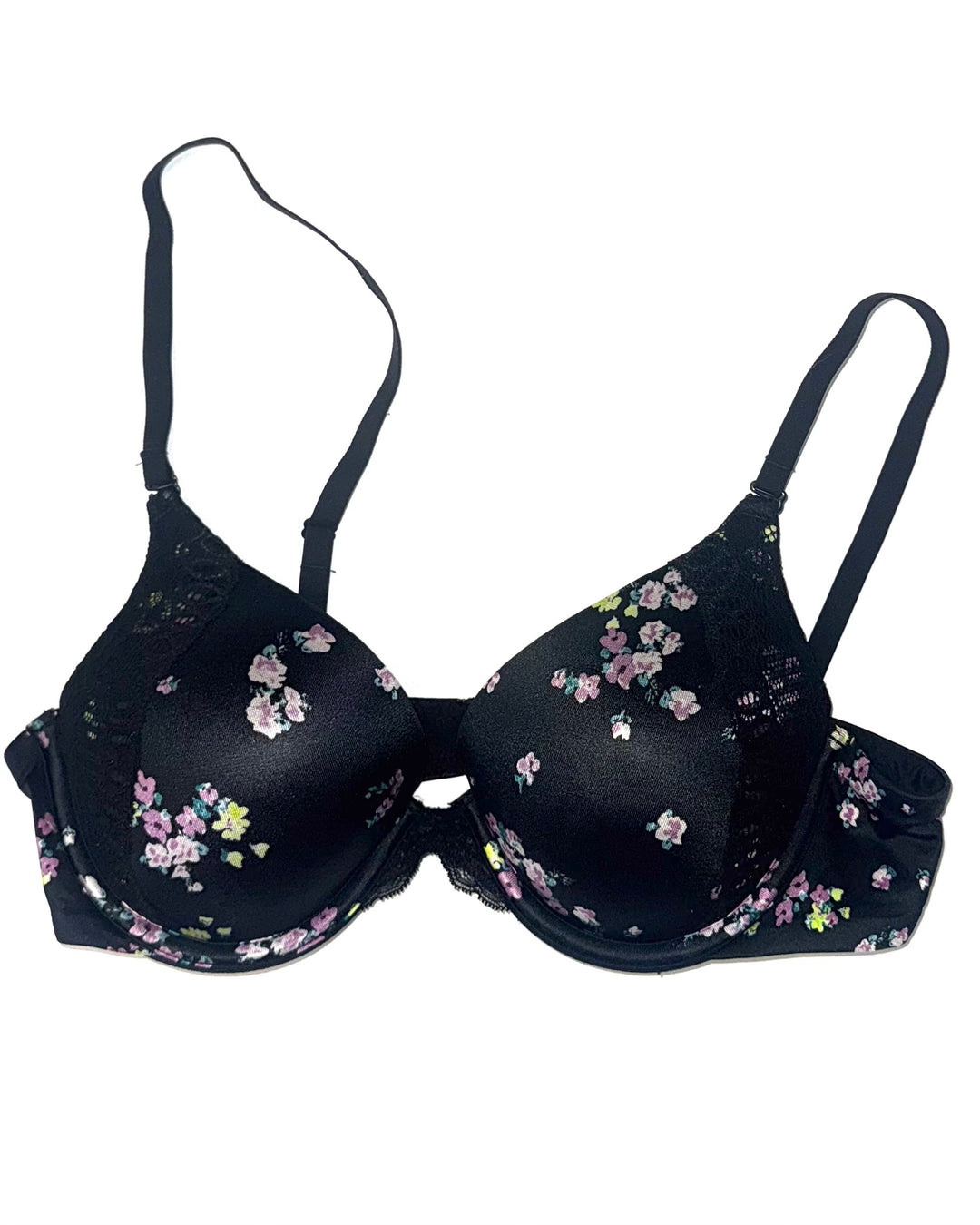 Coal Black Push-Up Bra with Floral Design - 34B