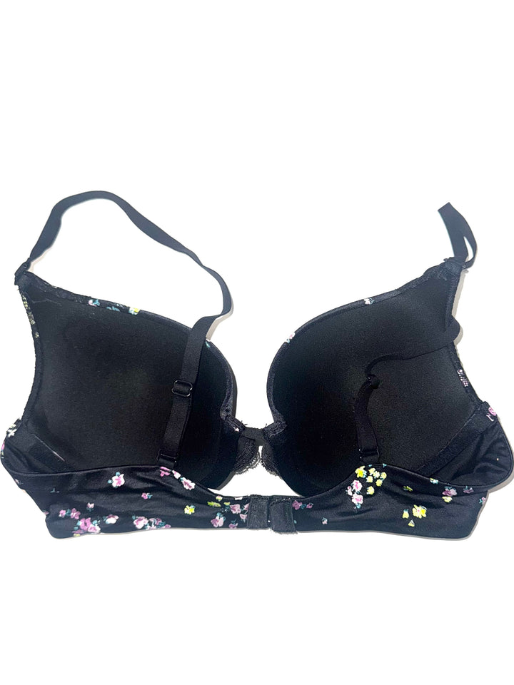 Coal Black Push-Up Bra with Floral Design - 34B