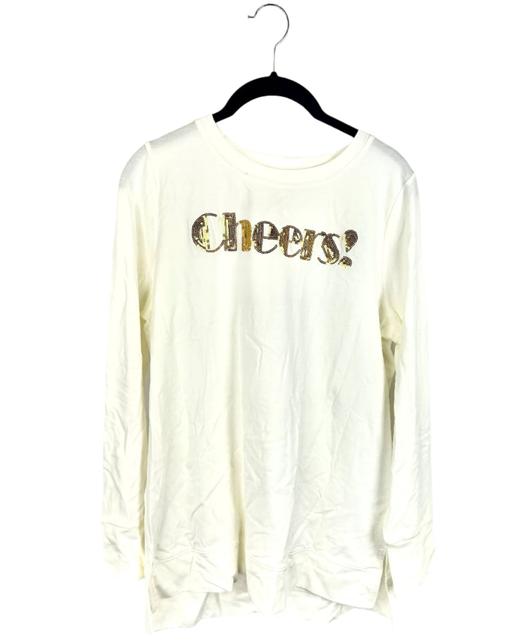 White "Cheers!" Long Sleeve with Gold Sequins- Size 6