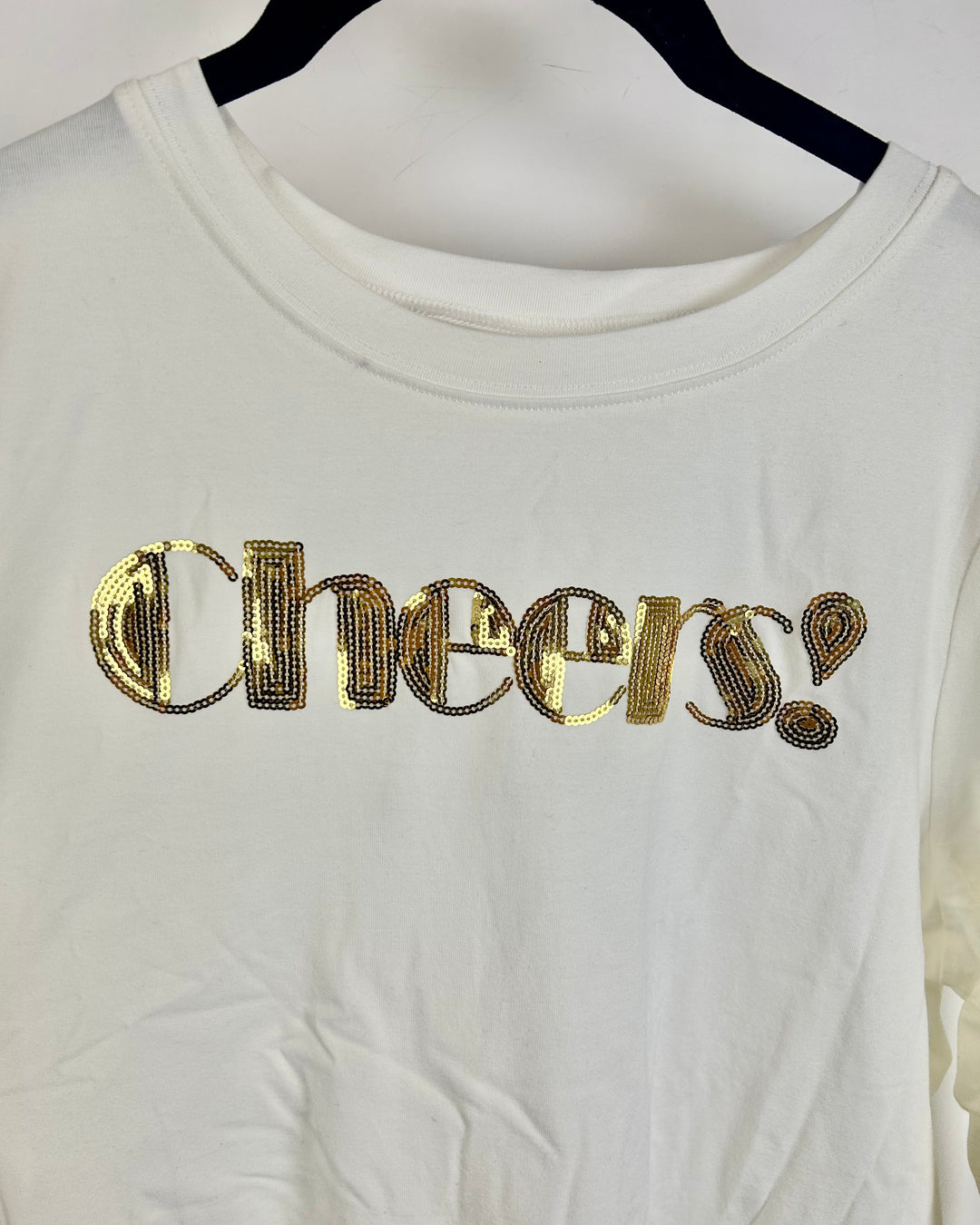 White "Cheers!" Long Sleeve with Gold Sequins- Size 6