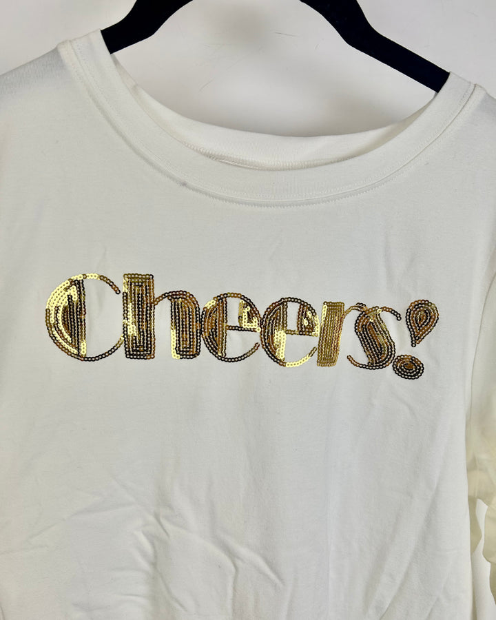 White "Cheers!" Long Sleeve with Gold Sequins- Size 6