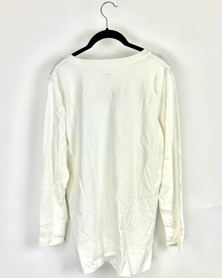 White "Cheers!" Long Sleeve with Gold Sequins- Size 6