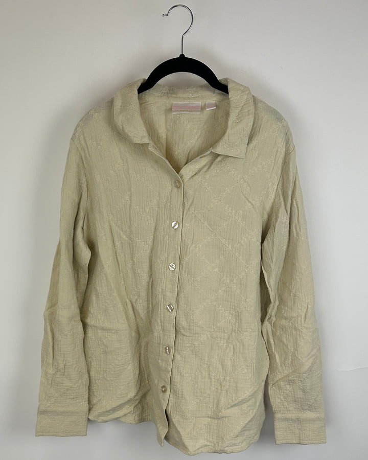 Beige Brown Textured Button-Up Blouse - Size 6