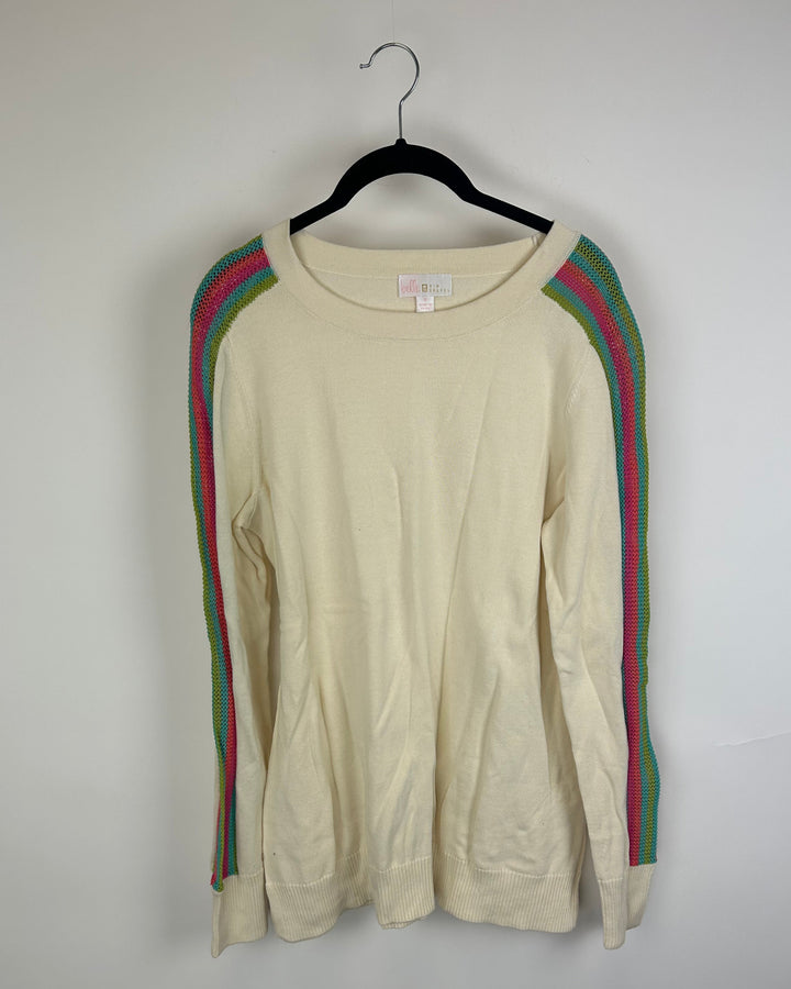 Cream Sweater With Rainbow Knit Crochet Sleeves - Size 6/8