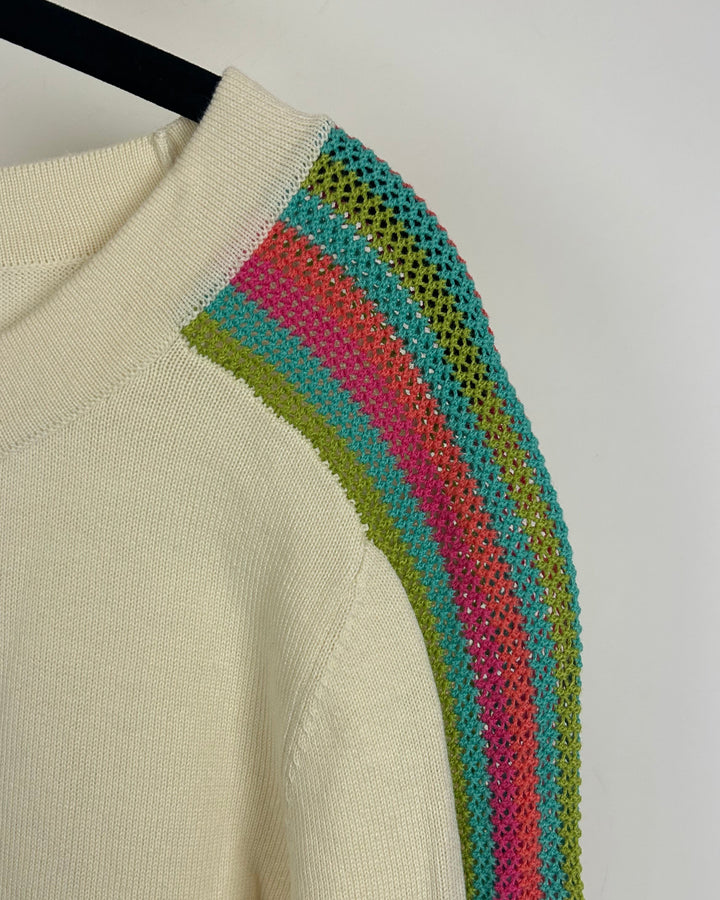 Cream Sweater With Rainbow Knit Crochet Sleeves - Size 6/8