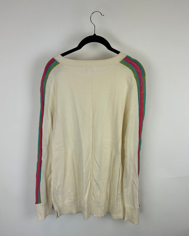 Cream Sweater With Rainbow Knit Crochet Sleeves - Size 6/8