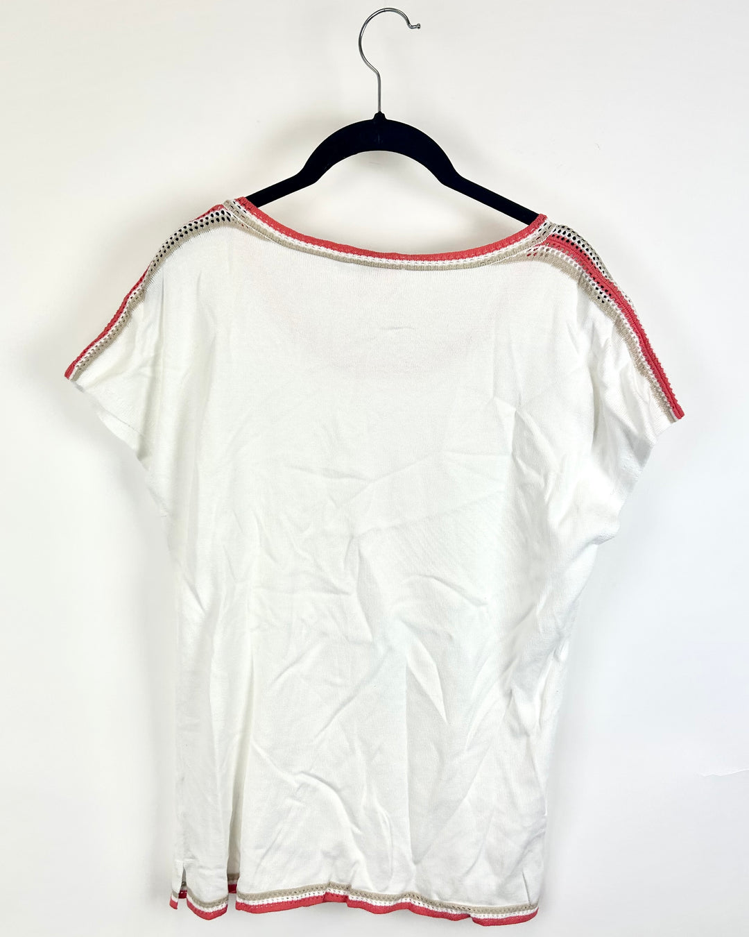 Ivory Tee with Coral and Taupe Coastal Trim- Size 6/8
