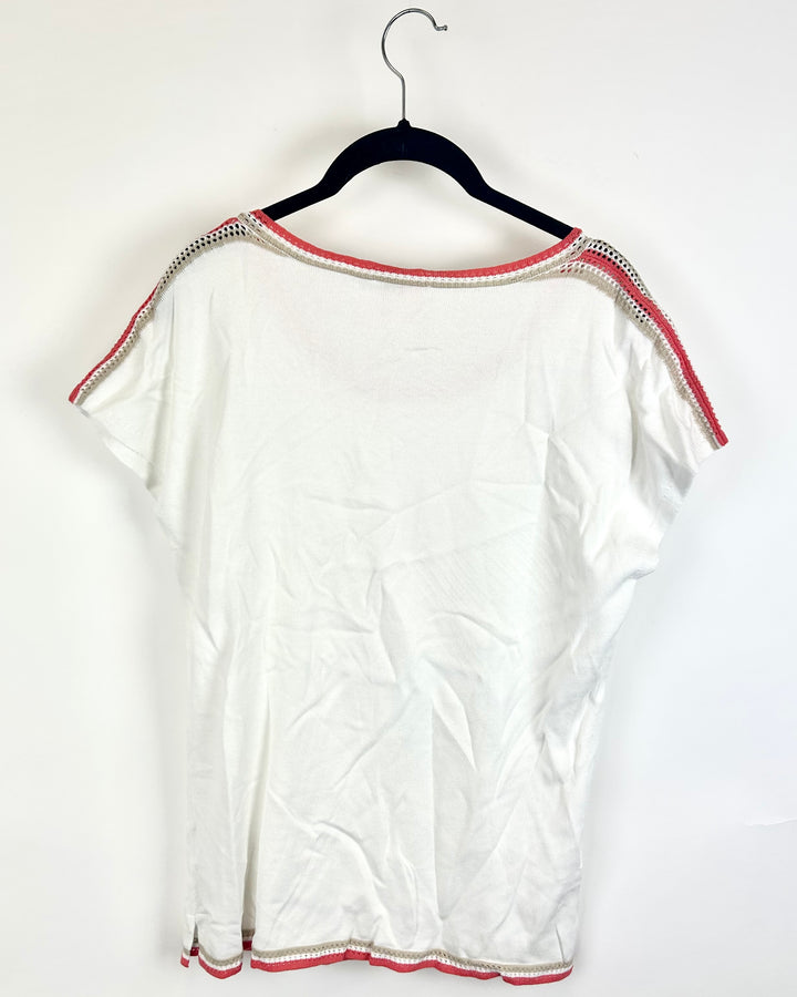 Ivory Tee with Coral and Taupe Coastal Trim- Size 6/8
