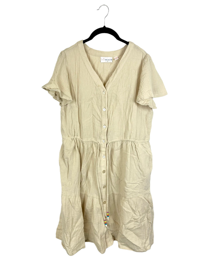Beige Button-Up Dress with Beaded Strings- Size 6/8