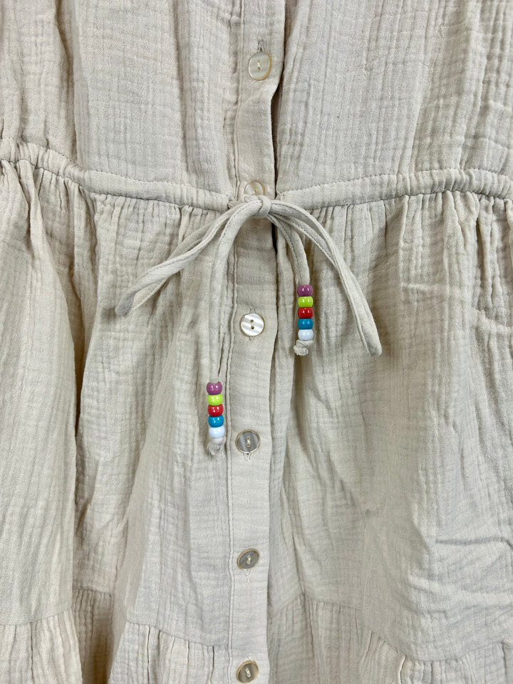 Beige Button-Up Dress with Beaded Strings- Size 6/8