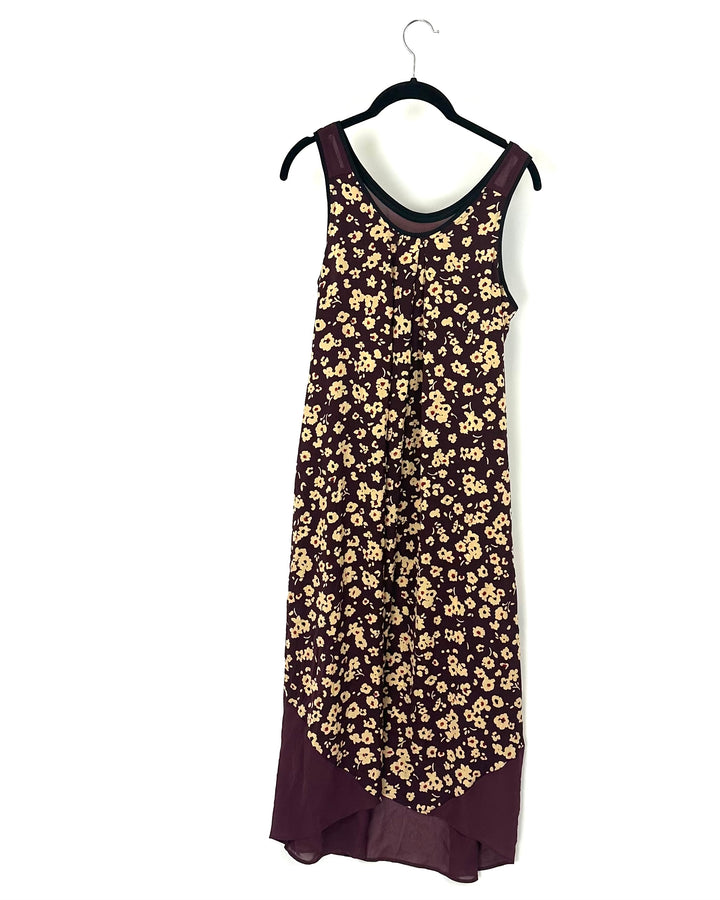Burgundy Sleeveless Floral Print Nightgown - Small