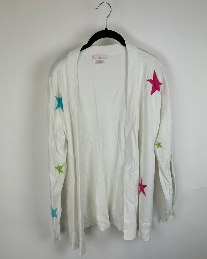 White Knit Star Printed Cardigan - Size 6/8